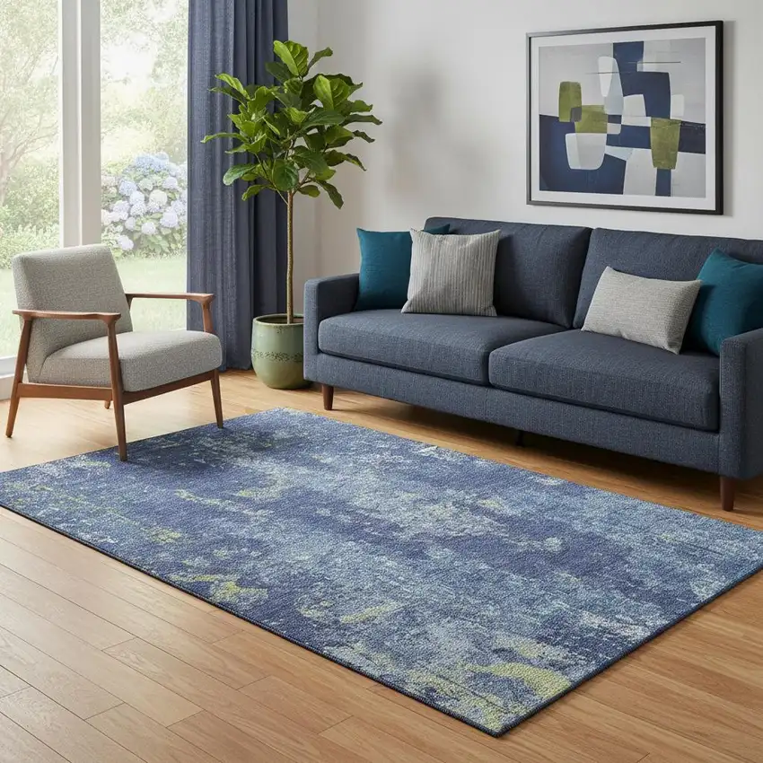Navy Blue And Lime Green Abstract Washable Area Rug With UV Protection Photo 2