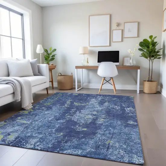 Navy Blue And Lime Green Abstract Washable Area Rug With UV Protection Photo 4