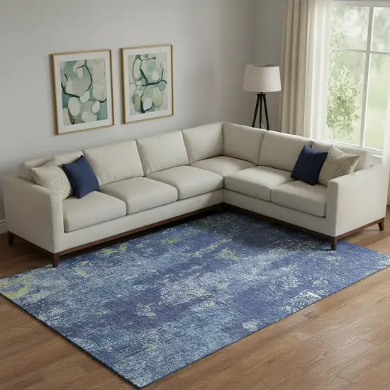 Navy Blue And Lime Green Abstract Washable Area Rug With UV Protection Photo 2