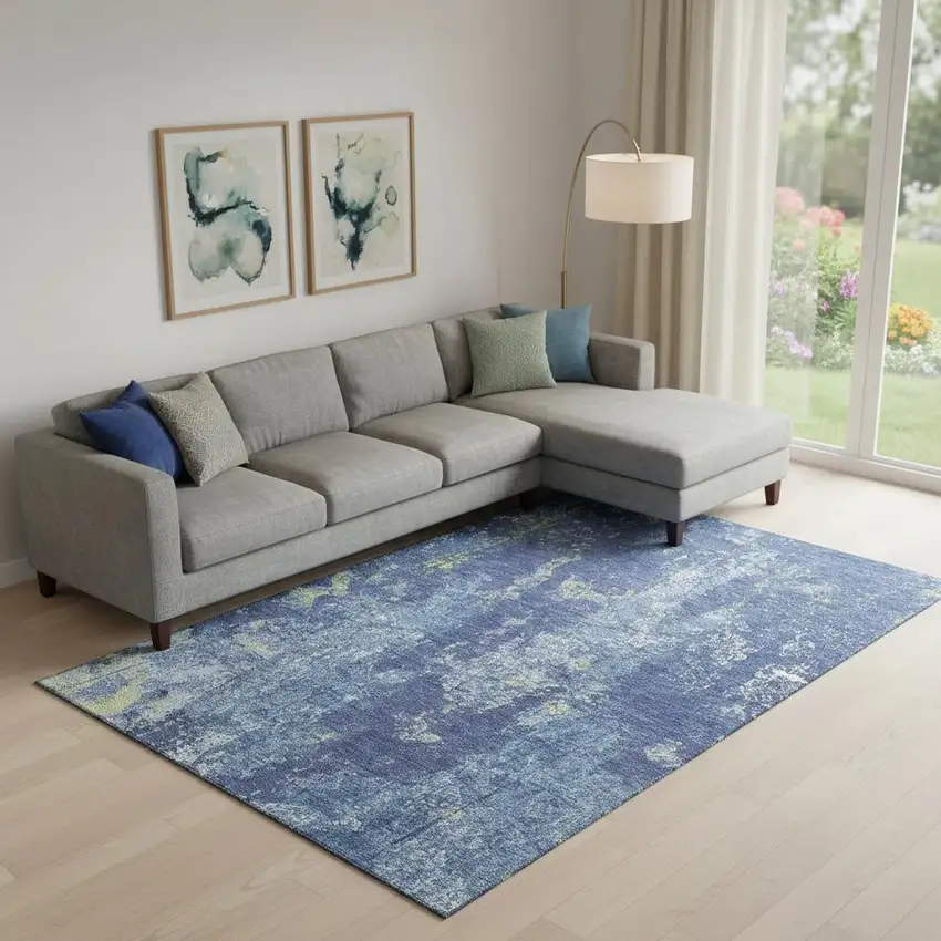 Navy Blue And Lime Green Abstract Washable Area Rug With UV Protection Photo 2