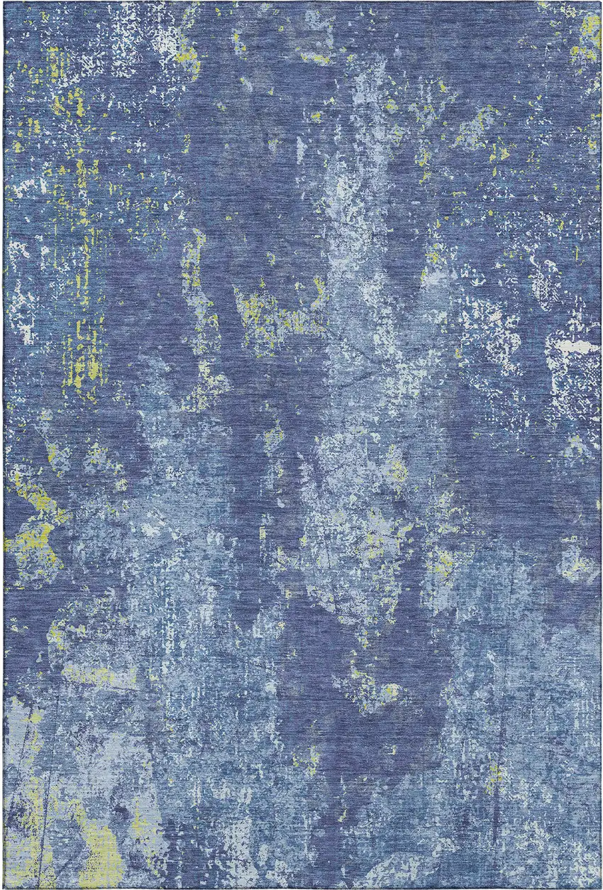Navy Blue And Lime Green Abstract Washable Area Rug With UV Protection Photo 1