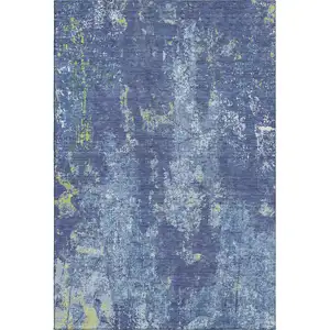 Photo of Navy Blue And Lime Green Abstract Washable Area Rug With UV Protection
