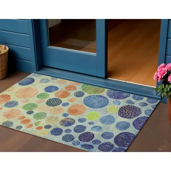 Navy Blue And Lime Green Geometric Washable Indoor Outdoor Area Rug Photo 2