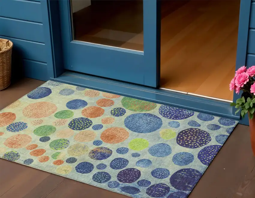 Navy Blue And Lime Green Geometric Washable Indoor Outdoor Area Rug Photo 2