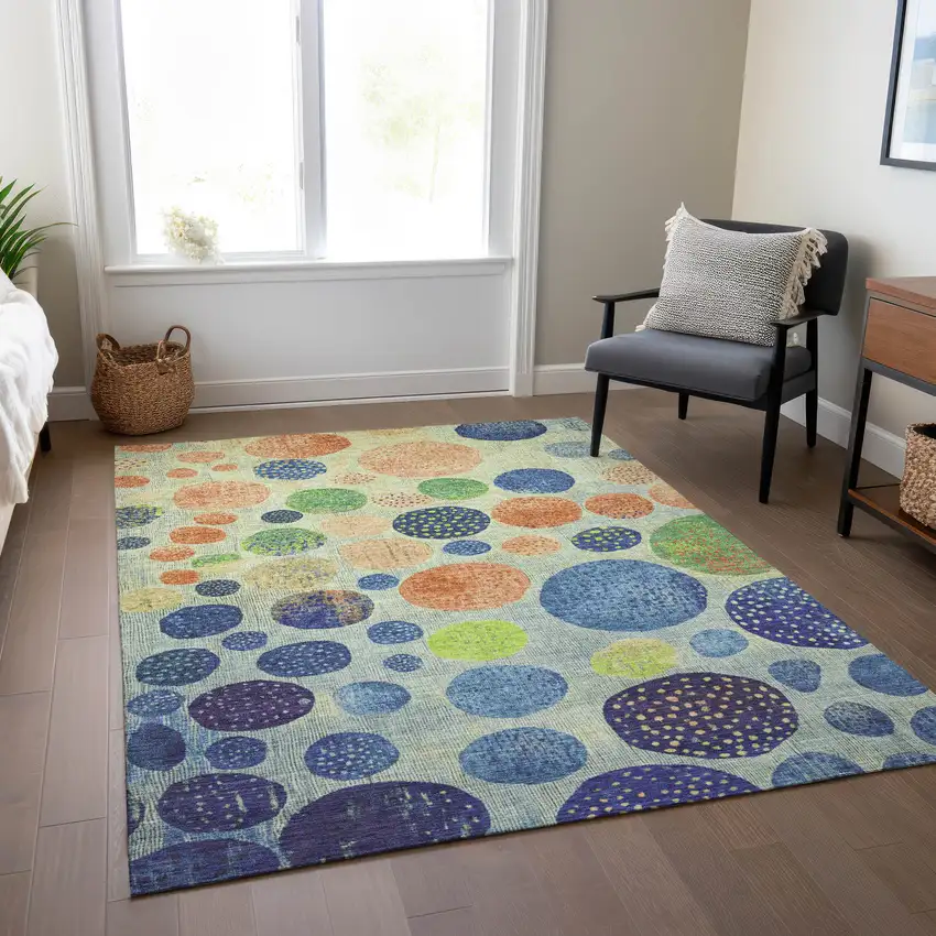 Navy Blue And Lime Green Geometric Washable Indoor Outdoor Area Rug Photo 5