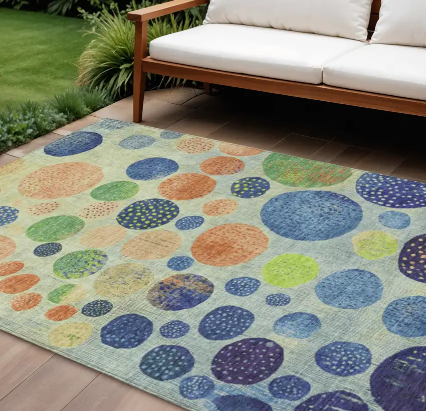Navy Blue And Lime Green Geometric Washable Indoor Outdoor Area Rug Photo 2