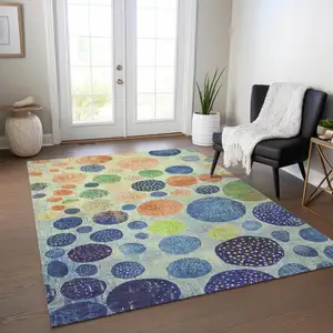 Photo of Navy Blue And Lime Green Geometric Washable Indoor Outdoor Area Rug
