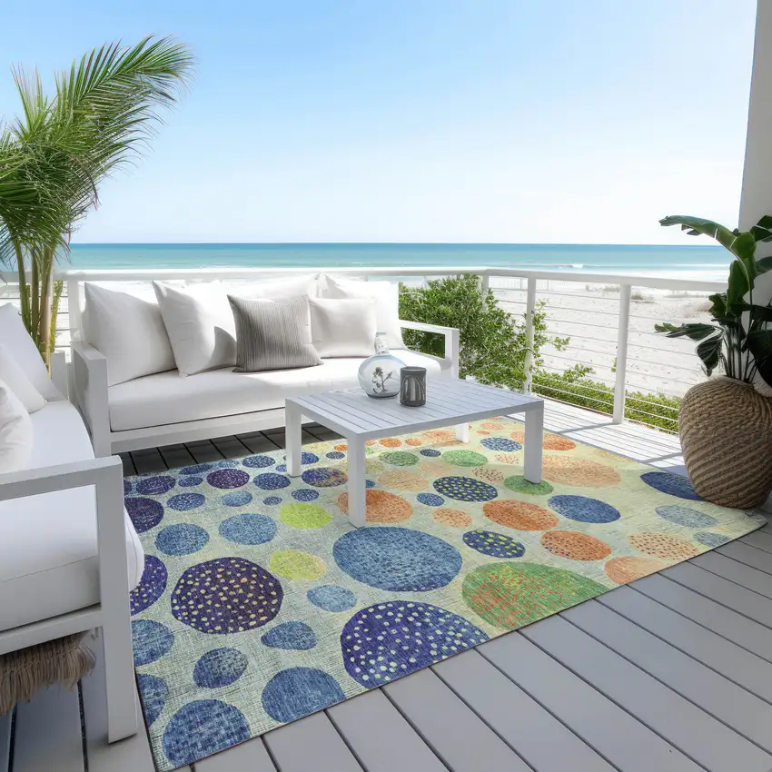 Navy Blue And Lime Green Geometric Washable Indoor Outdoor Area Rug Photo 3
