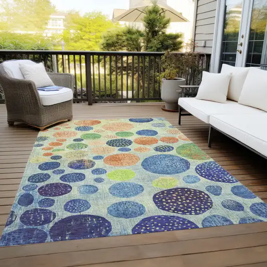 Navy Blue And Lime Green Geometric Washable Indoor Outdoor Area Rug Photo 6