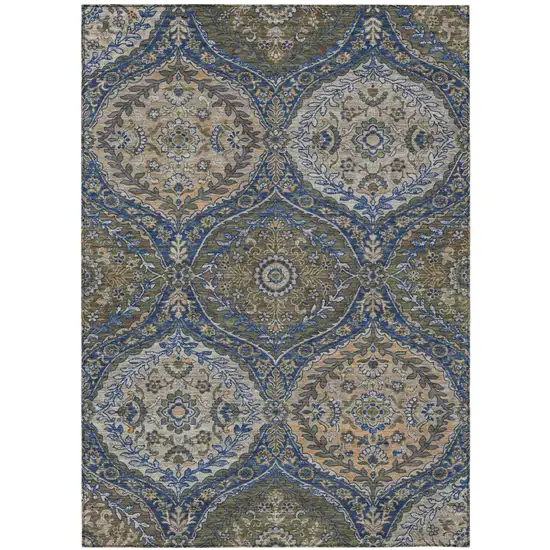 Navy Blue And Linen Ogee Washable Indoor Outdoor Area Rug Photo 2