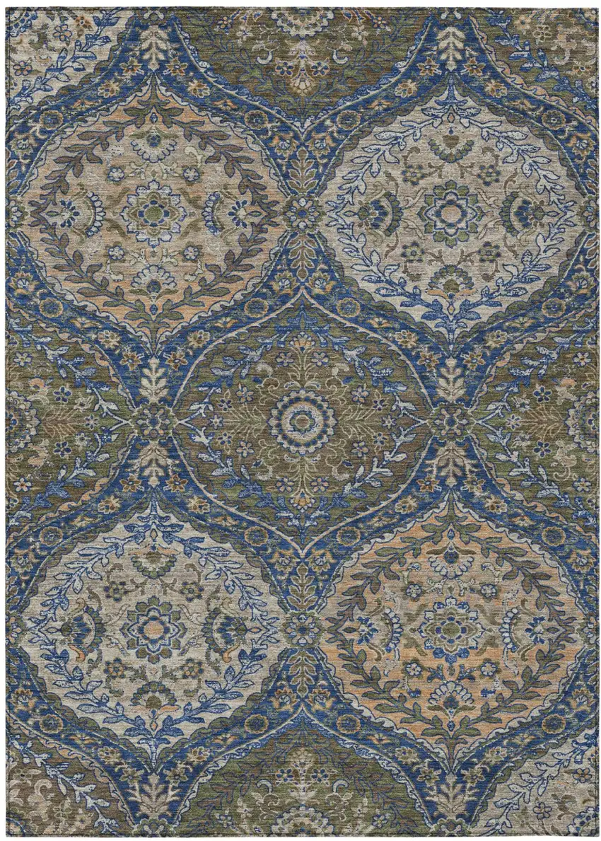 Navy Blue And Linen Ogee Washable Indoor Outdoor Area Rug Photo 2