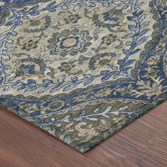 Navy Blue And Linen Ogee Washable Indoor Outdoor Area Rug Photo 5