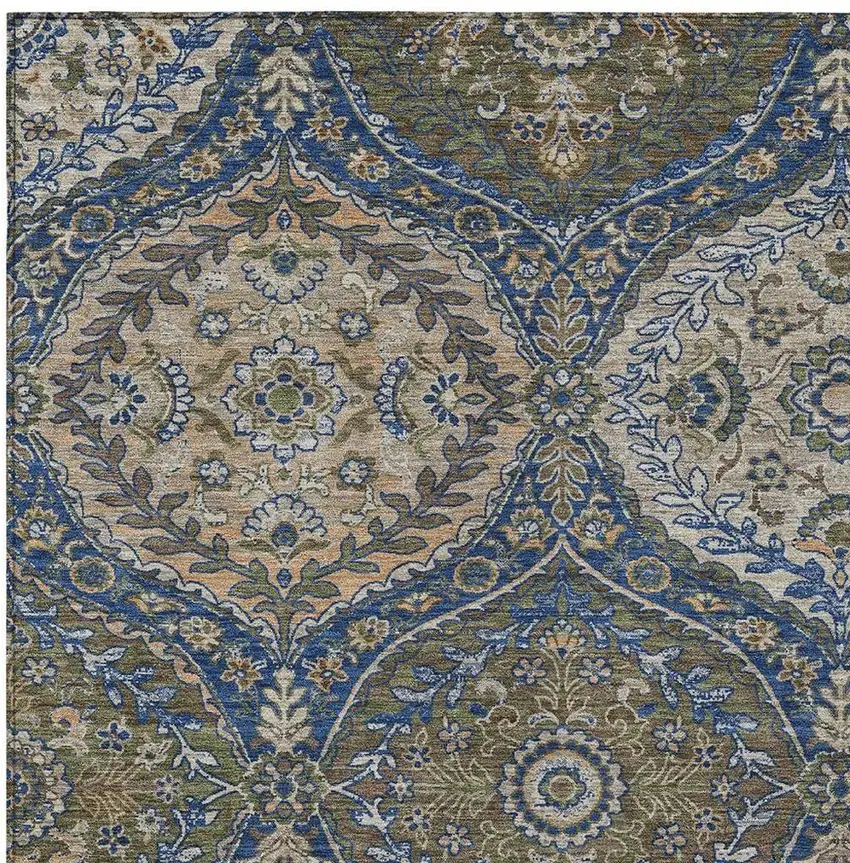Navy Blue And Linen Ogee Washable Indoor Outdoor Area Rug Photo 3