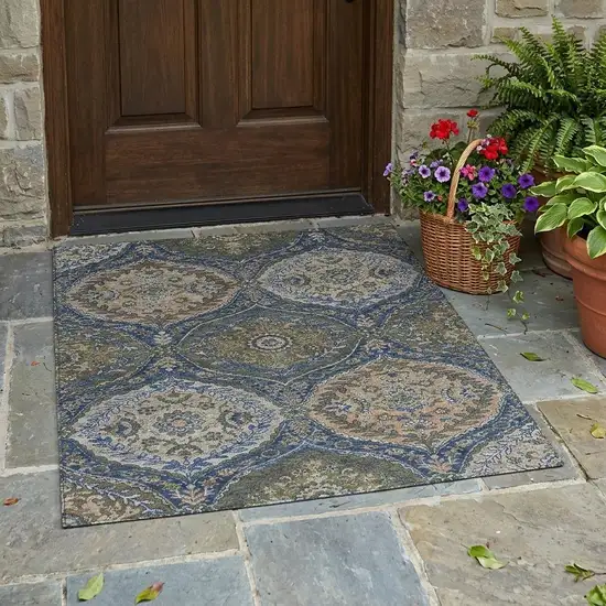 Navy Blue And Linen Ogee Washable Indoor Outdoor Area Rug Photo 1