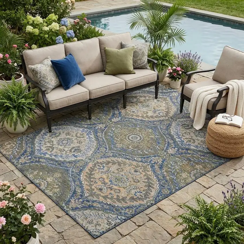 Navy Blue And Linen Ogee Washable Indoor Outdoor Area Rug Photo 1