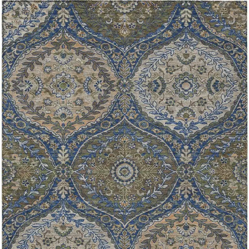 Navy Blue And Linen Ogee Washable Indoor Outdoor Area Rug Photo 3