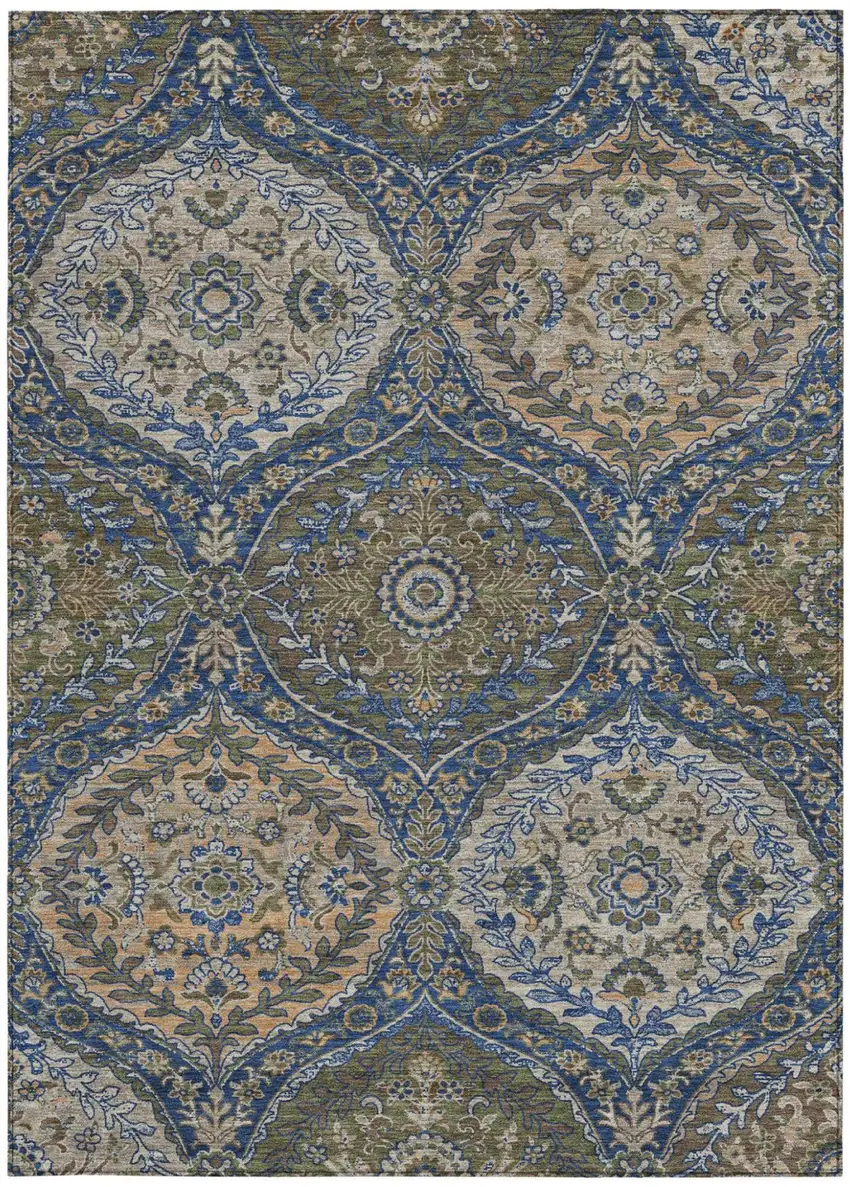 Navy Blue And Linen Ogee Washable Indoor Outdoor Area Rug Photo 4