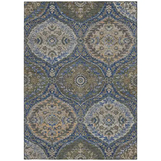 Navy Blue And Linen Ogee Washable Indoor Outdoor Area Rug Photo 4