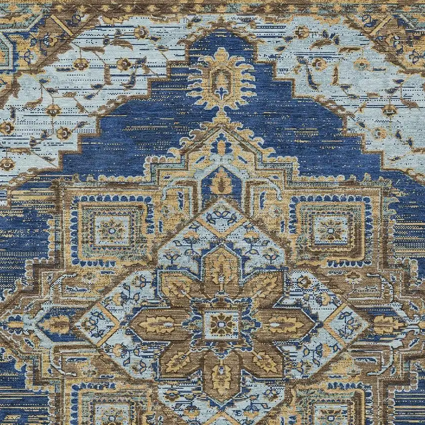 Navy Blue And Linen Oriental Washable Indoor Outdoor Area Rug Photo 3
