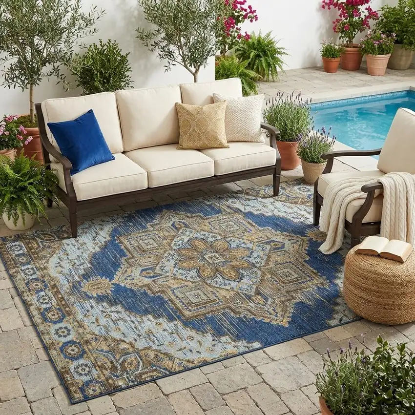 Navy Blue And Linen Oriental Washable Indoor Outdoor Area Rug Photo 1