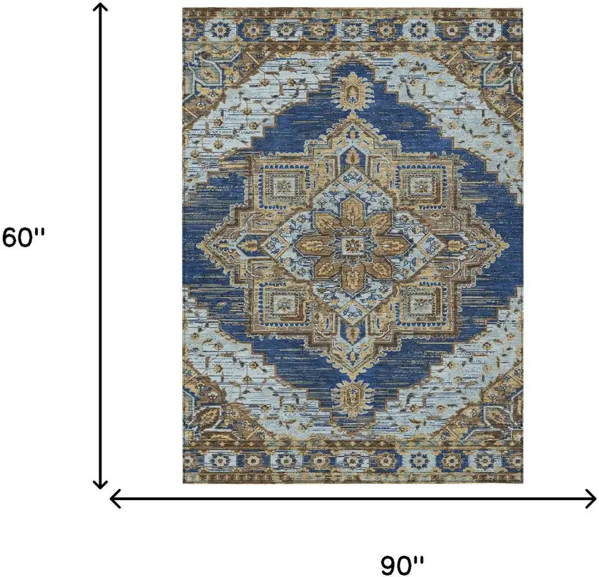 Navy Blue And Linen Oriental Washable Indoor Outdoor Area Rug Photo 7