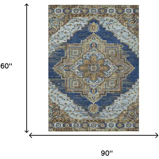 Navy Blue And Linen Oriental Washable Indoor Outdoor Area Rug Photo 7