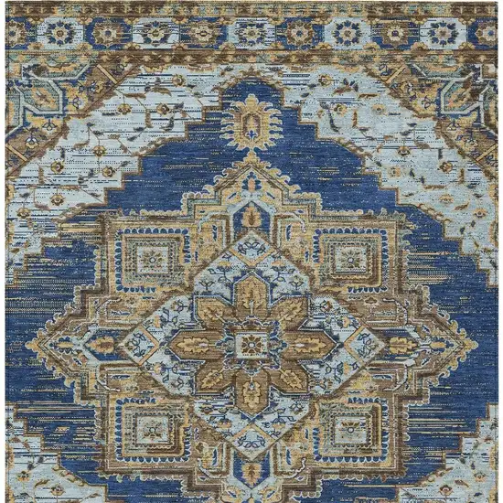 Navy Blue And Linen Oriental Washable Indoor Outdoor Area Rug Photo 4