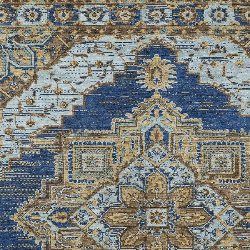 Navy Blue And Linen Oriental Washable Indoor Outdoor Area Rug Photo 3