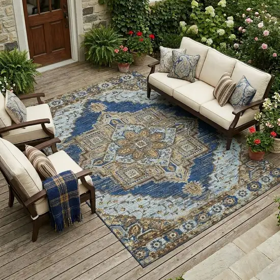 Navy Blue And Linen Oriental Washable Indoor Outdoor Area Rug Photo 1
