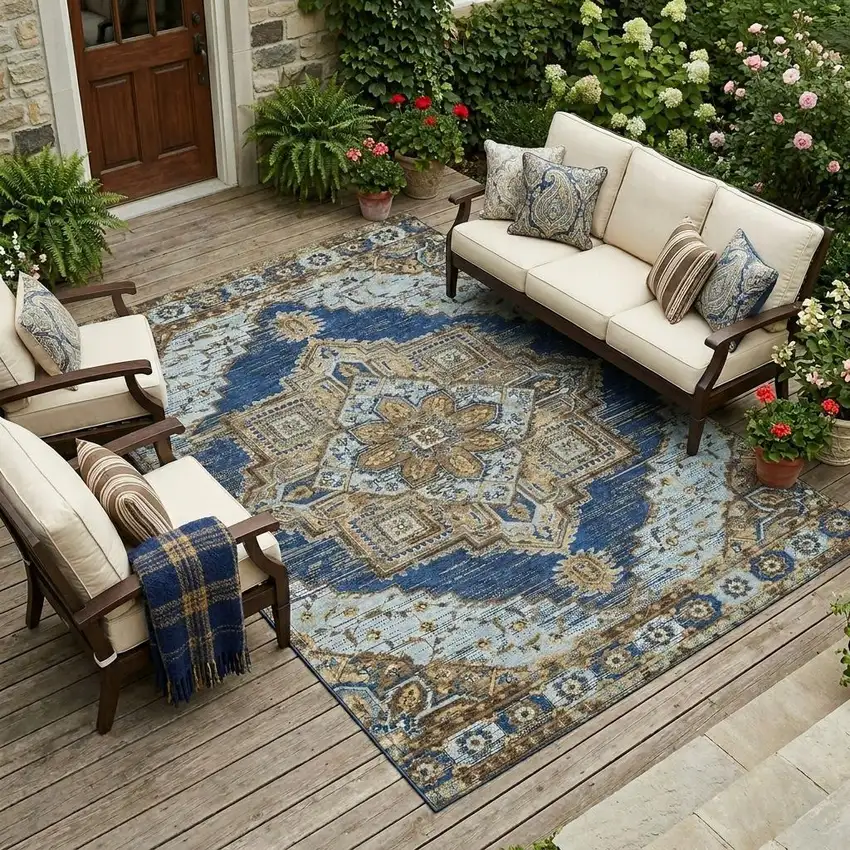 Navy Blue And Linen Oriental Washable Indoor Outdoor Area Rug Photo 1