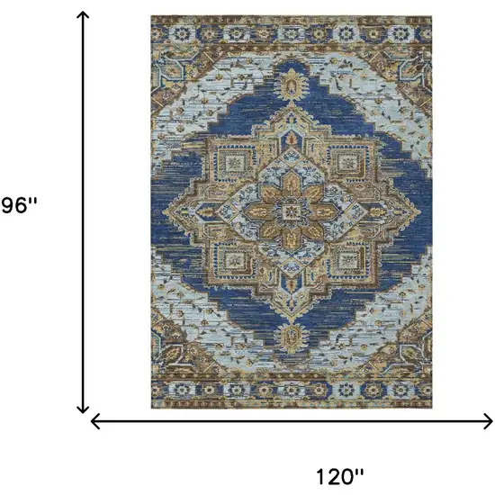 Navy Blue And Linen Oriental Washable Indoor Outdoor Area Rug Photo 7