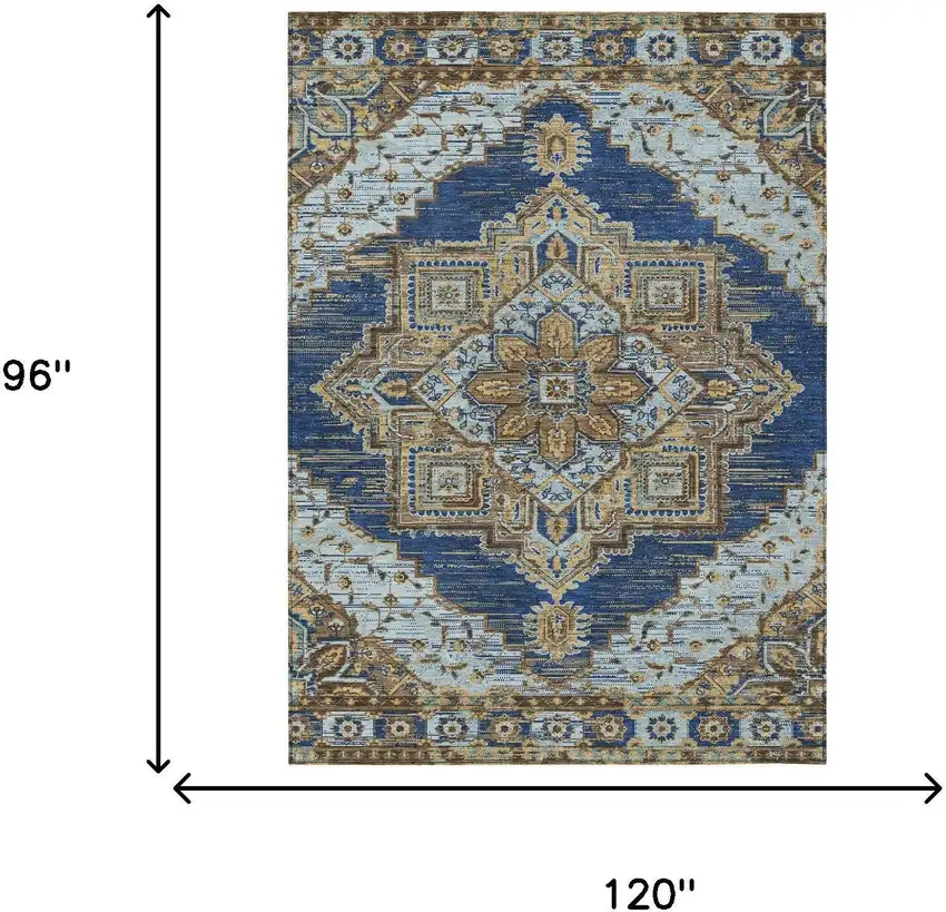 Navy Blue And Linen Oriental Washable Indoor Outdoor Area Rug Photo 7