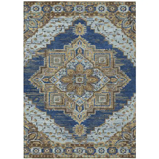 Navy Blue And Linen Oriental Washable Indoor Outdoor Area Rug Photo 2