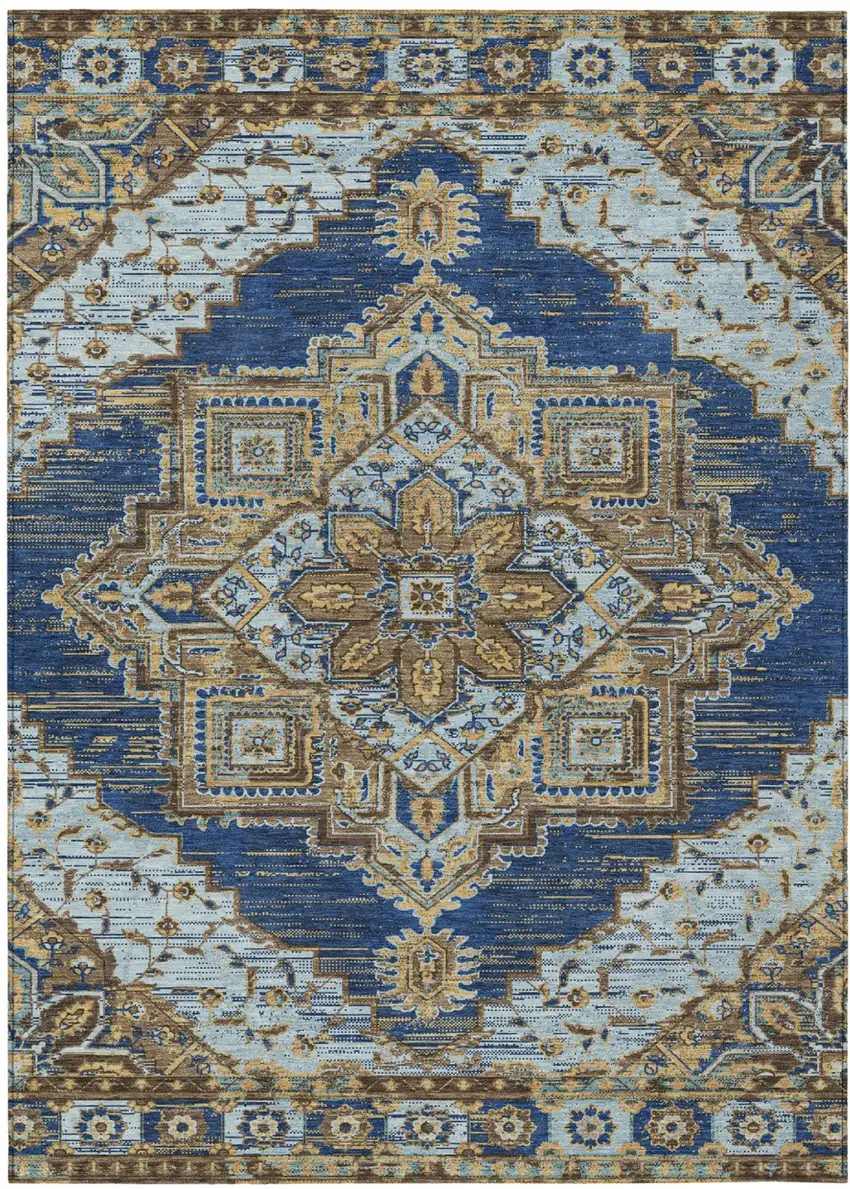 Navy Blue And Linen Oriental Washable Indoor Outdoor Area Rug Photo 2
