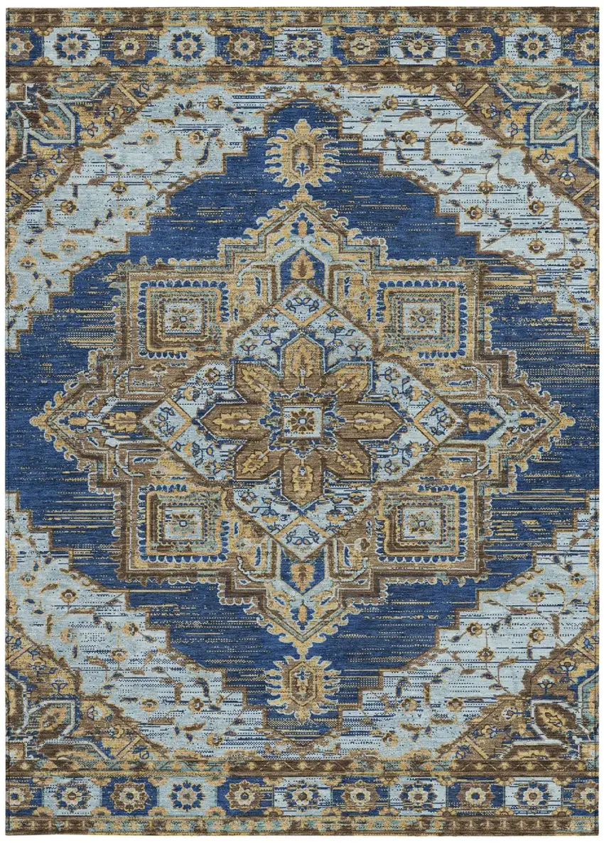 Navy Blue And Linen Oriental Washable Indoor Outdoor Area Rug Photo 3