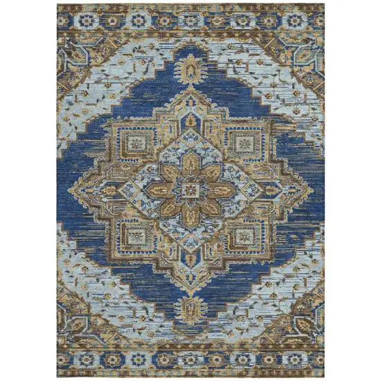 Navy Blue And Linen Oriental Washable Indoor Outdoor Area Rug Photo 3