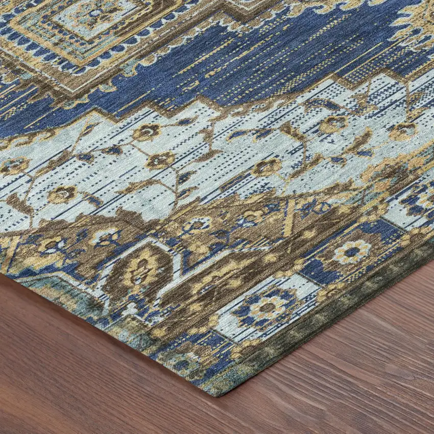 Navy Blue And Linen Oriental Washable Indoor Outdoor Area Rug Photo 4