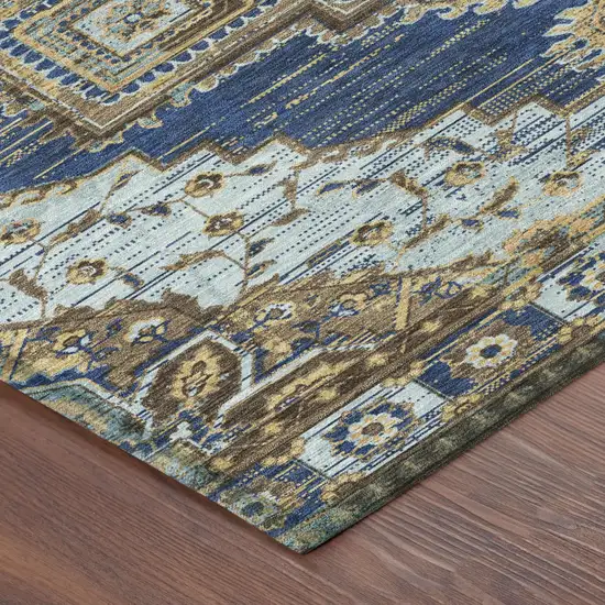 Navy Blue And Linen Oriental Washable Indoor Outdoor Area Rug Photo 4