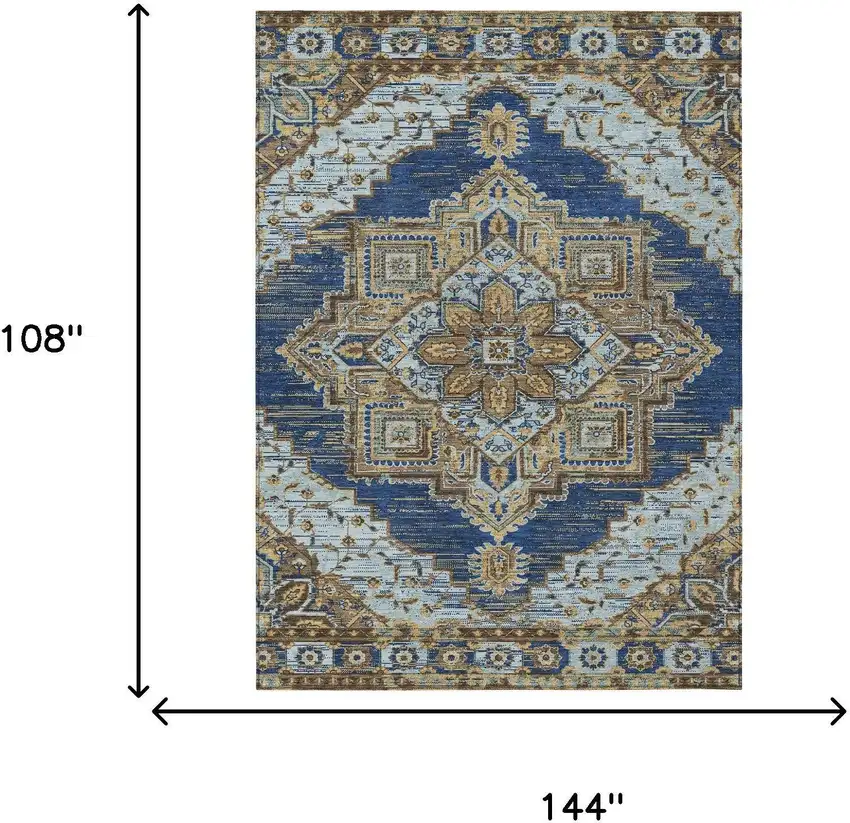 Navy Blue And Linen Oriental Washable Indoor Outdoor Area Rug Photo 6