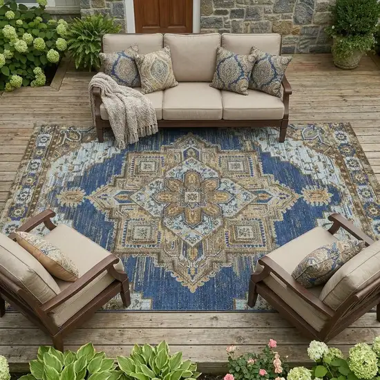 Navy Blue And Linen Oriental Washable Indoor Outdoor Area Rug Photo 1
