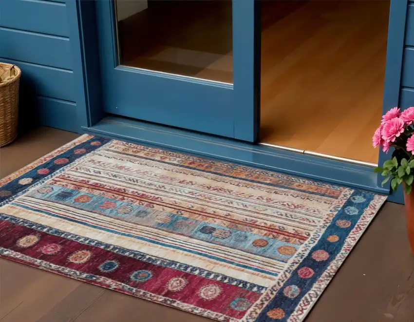 Navy Blue And Merlot Striped Washable Indoor Outdoor Area Rug Photo 2