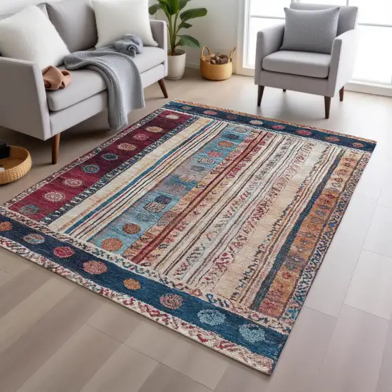 Navy Blue And Merlot Striped Washable Indoor Outdoor Area Rug Photo 5