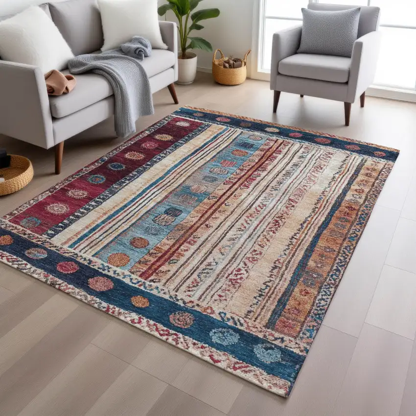 Navy Blue And Merlot Striped Washable Indoor Outdoor Area Rug Photo 5