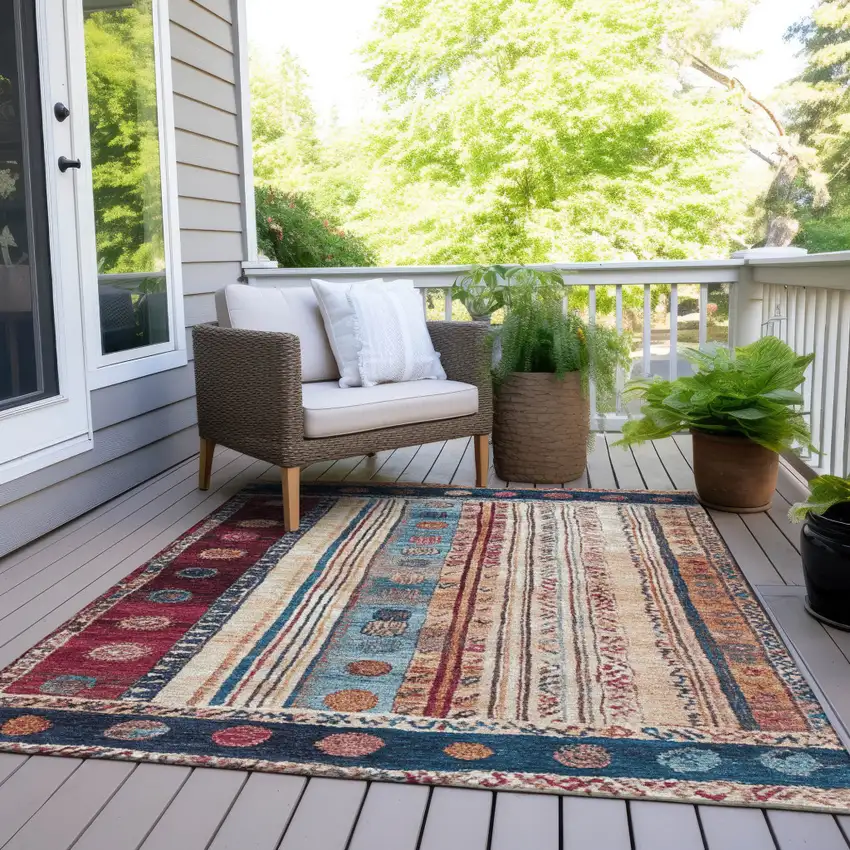 Navy Blue And Merlot Striped Washable Indoor Outdoor Area Rug Photo 7