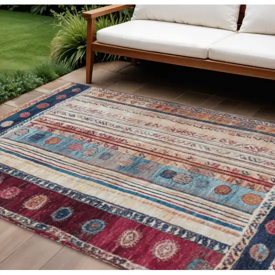 Navy Blue And Merlot Striped Washable Indoor Outdoor Area Rug Photo 2