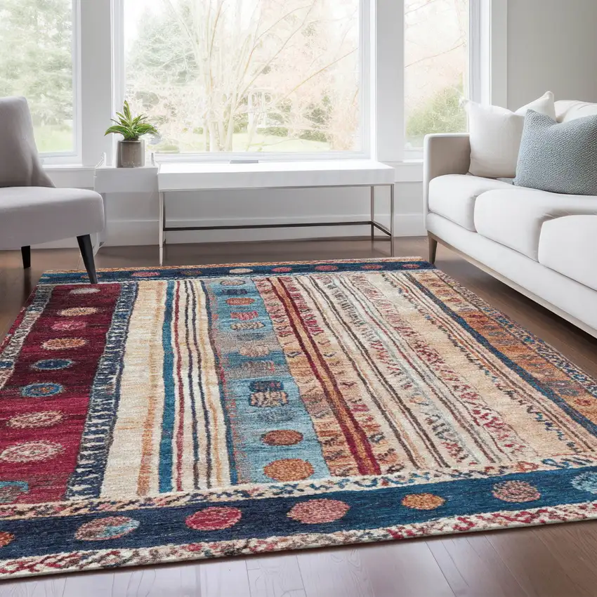 Navy Blue And Merlot Striped Washable Indoor Outdoor Area Rug Photo 7