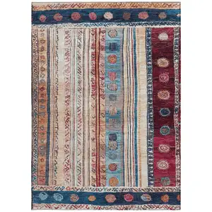 Photo of Navy Blue And Merlot Striped Washable Indoor Outdoor Area Rug