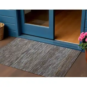 Photo of Navy Blue And Natural Jute Striped Hand Woven Square Rug