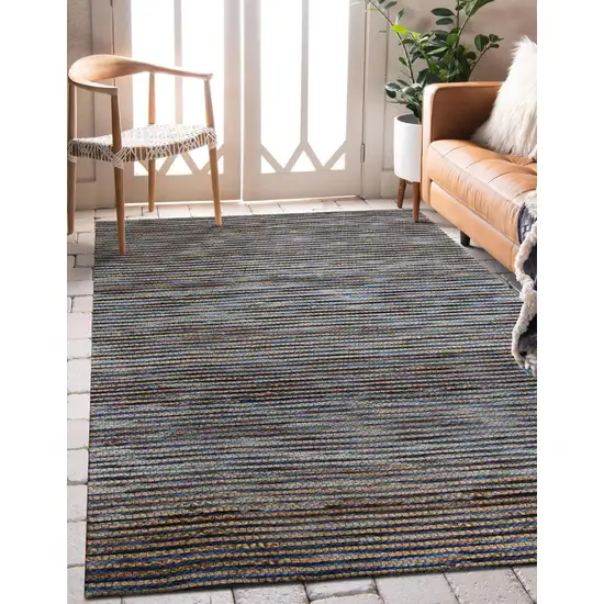 Navy Blue And Natural Jute Striped Hand Woven Square Rug Photo 4