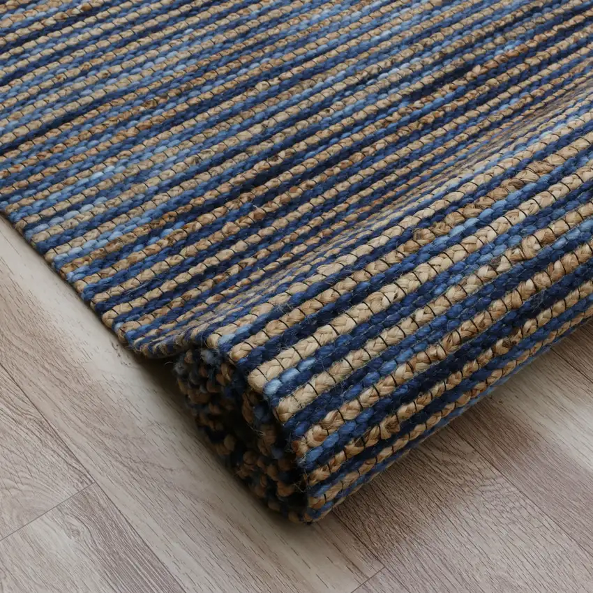 Navy Blue And Natural Jute Striped Hand Woven Square Rug Photo 5